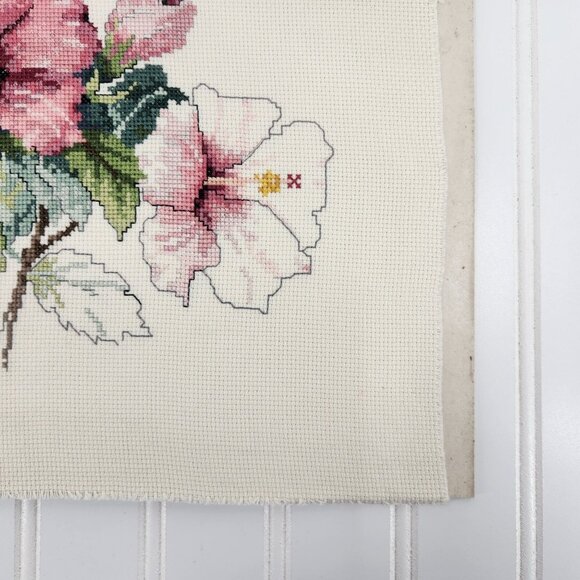 Vintage Floral Cross Stitch Art Signed 1989 Pink Off White Hibiscus Unframed - Picture 4 of 9